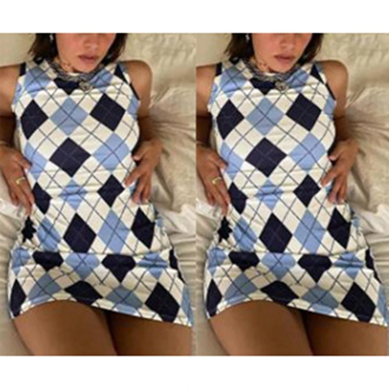 

Women's Diamond Check Print Sleeveless Vest Dress Blue