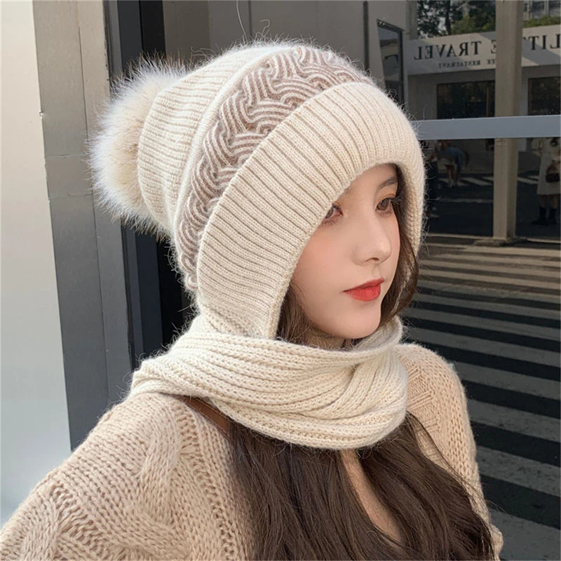 

2023 Winter Hat Beanies Women's Hat Scarf Warm Breathable Rabbit Hair Blend Knitted Hat for Women Double Layers Protection Caps