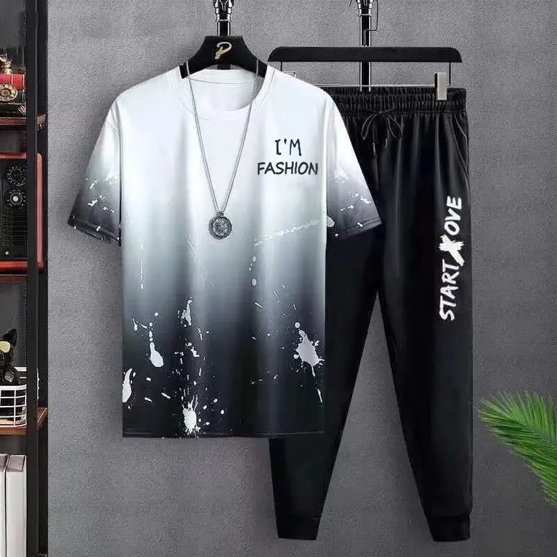 Men's Sports Suit T-shirt Trousers Workout Clothes 2-piece Set Gradient Splash Ink Solid Color Printing Short-sleeved Sportswear