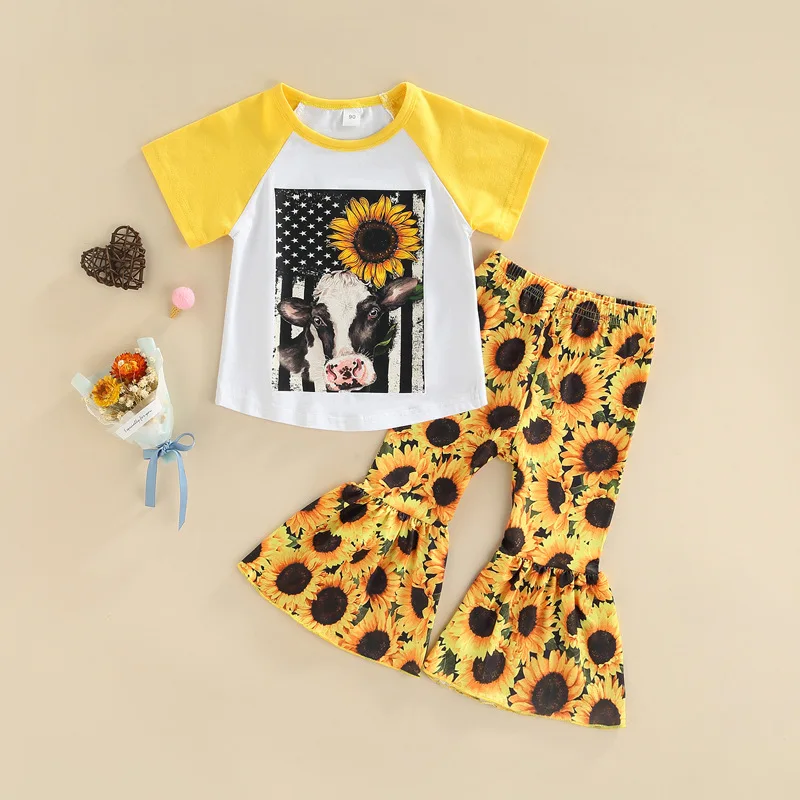 

Baby Girls Outfit Set Children's Wear Summer Short Sleeve Cartoon T-shirt Trumpet Flower Pants Two-piece Suit