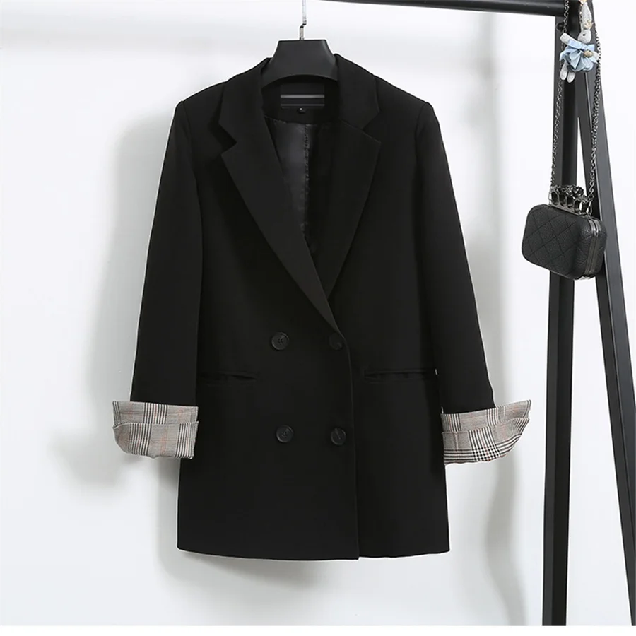 

Brand Newest Double Button Loehsao Notched Women Black Suit Fashion Blazers Autumn Spring Slim Grid Mid-Length Cotton Lady Coat