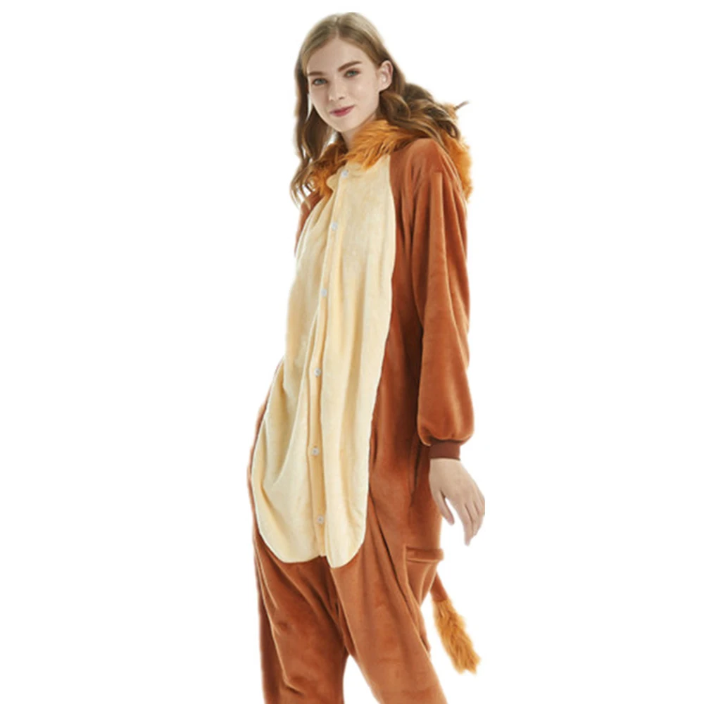 Women Adult Winter Warm One-Piece Garment Polyester Comfortable Thick Hooded Animal Lion Pajamas With A Tail  Cosplay Jumpsuits