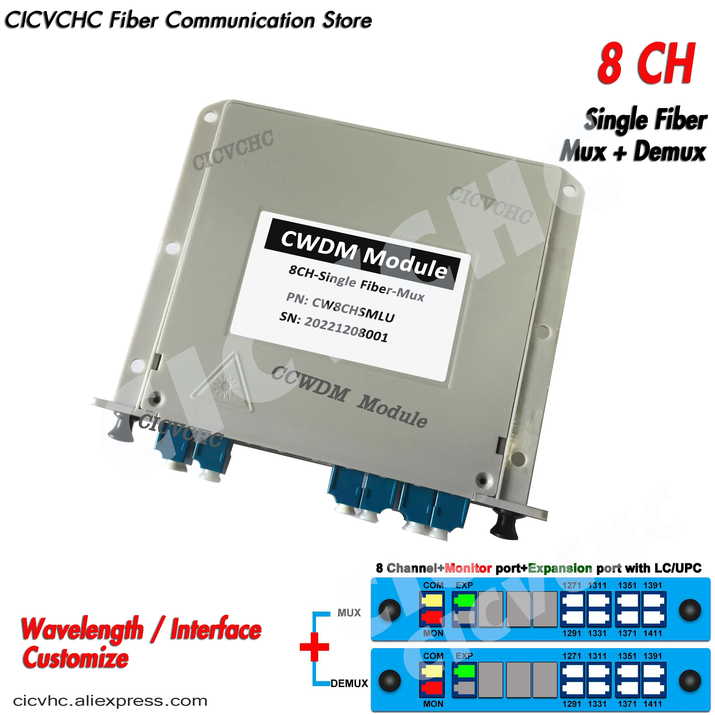 8CH CWDM Подключаемый модуль с монитором и портом расширения с LC/UPC для одного волокна