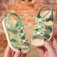 girls sandals 2022 summer new non slip soft green sweet princess solid buckle strap kids fashion bow flat beach shoes open toe