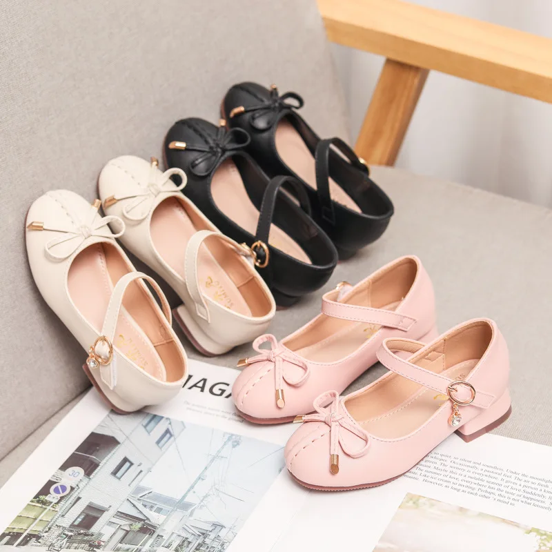 Girls' Shoes High Heels Leather Shoes Autumn Bowknot Princess Girls' Student Fashion Soft Sole Shoes Comfortable fashion