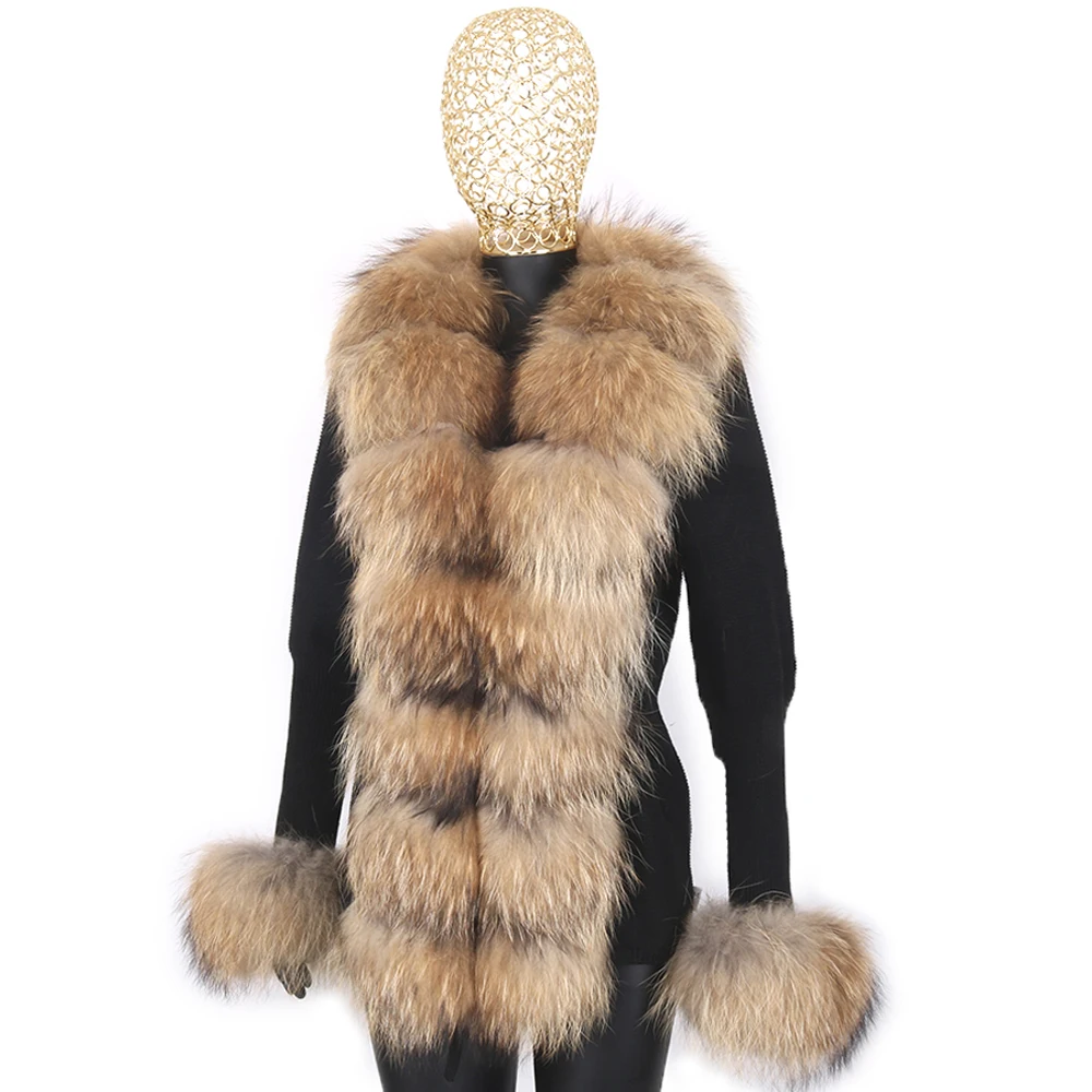 Women Knit Sweater Cardigan Spring Autumn Elegant Knitted Sweater With Real Fox Fur Collar Ladies Fashion Coat Fur Coat