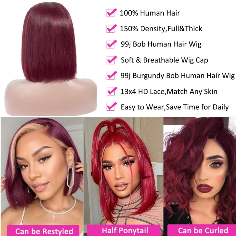 99J Бордовый Боб Парик Человеческих Волос 13x4 Прямые Парики Фронта Шнурка Короткий