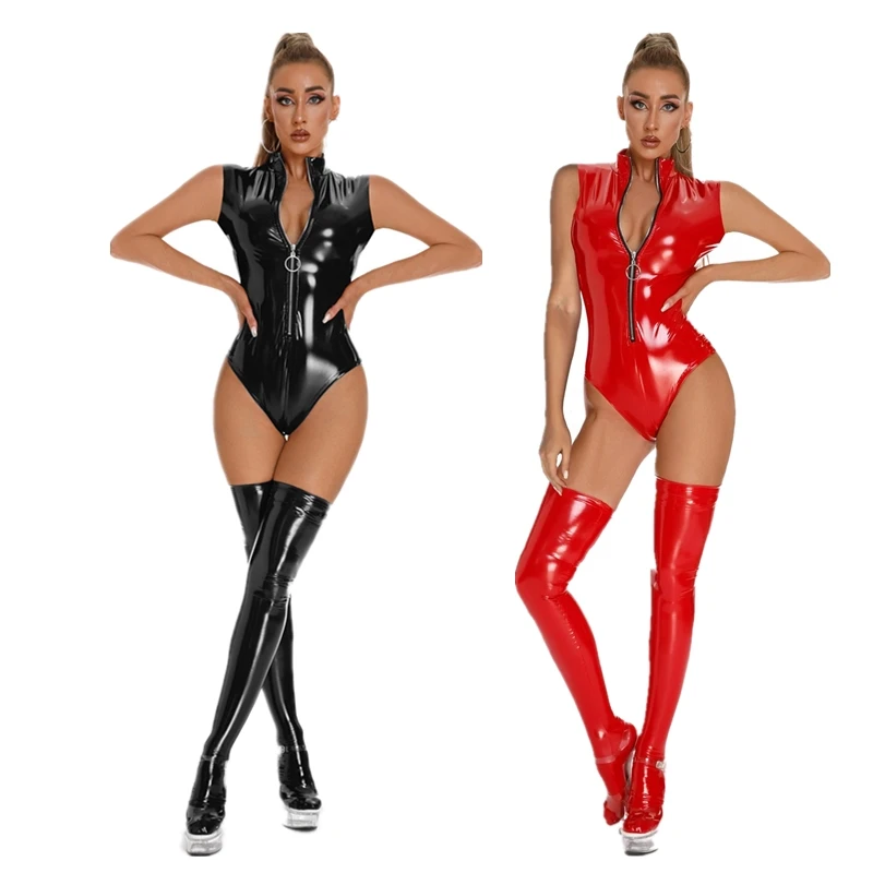 

Womens Wetlook Sexy Bodysuit Punk Patent Leather Sleeveless Leotard Exotic Teddies Zipper Back Catsuit Party Clubwear