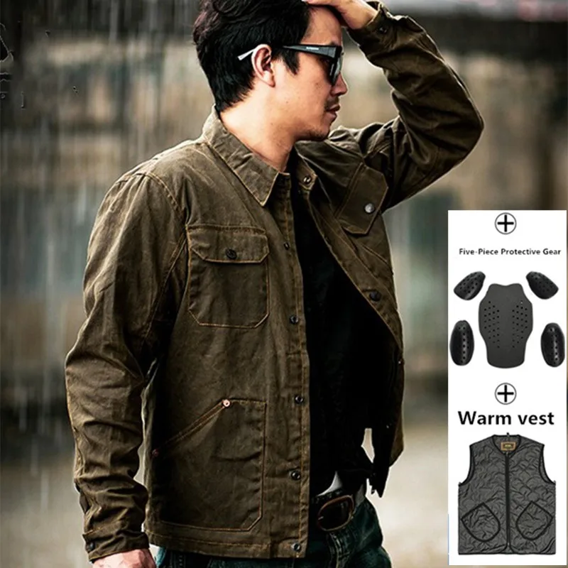 Men Retro Motorcycle Jacket Outdoor Camping Trekking Waterproof Oil Wax Canvas Coat Detachable Protective Gear+Down Cotton Vest