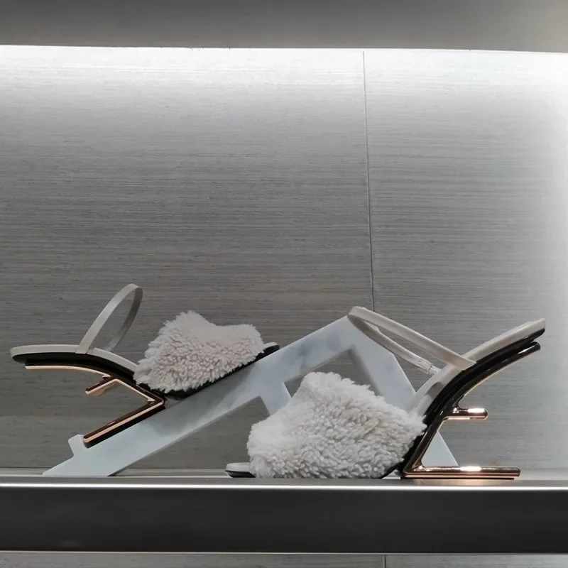 Туфли женские с открытым носком меховые сандалии-гладиаторы классические