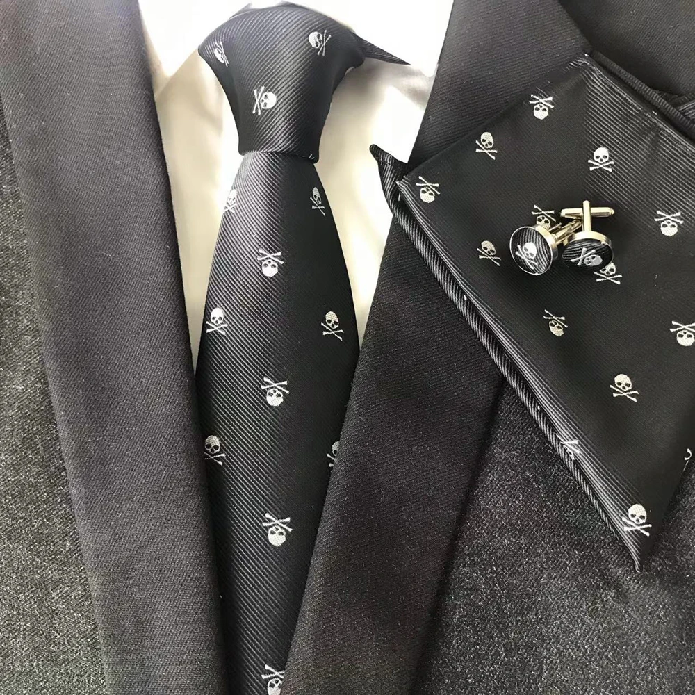 

8cm Classic Men's Skull Ties Set Designer Skeleton Skull Neckties with Woven Pocket Square Cufflinks Extra Long Size 60 Inches