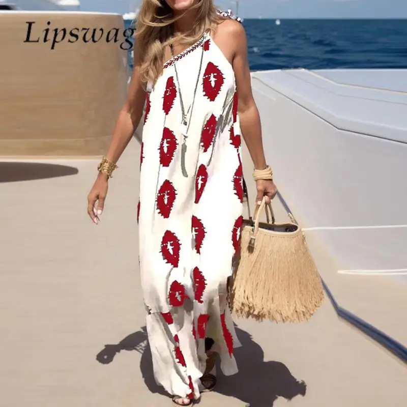 

Summer Women Sleeveless Backless Long Dress New Slant Neck Lace-up Beach Sun Dress Casual Ladies Print Loose Street Dress Robe