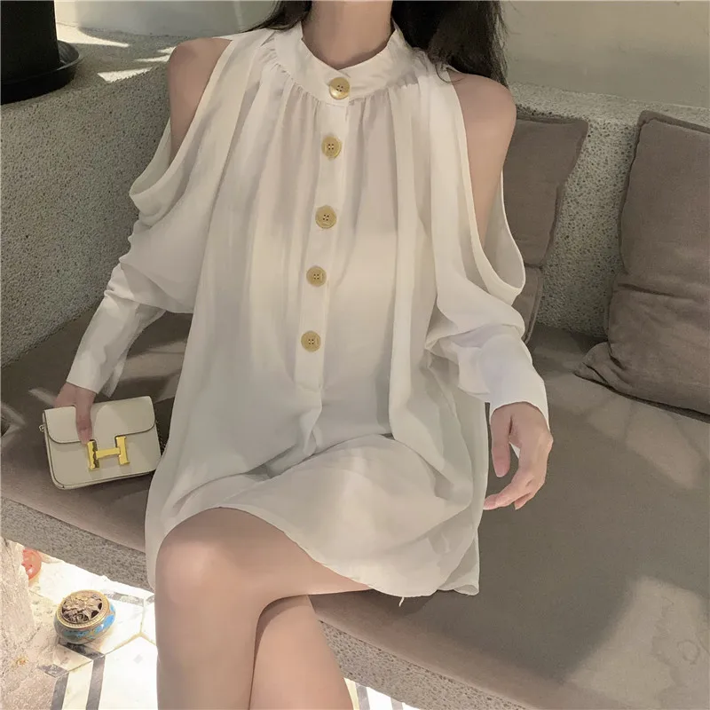 

Белая рубашка, женская блузка 2021, Осенние Блузы с длинным рукавом, Повседневная винтажная зимняя рубашка с открытыми плечами, женские топы, ...