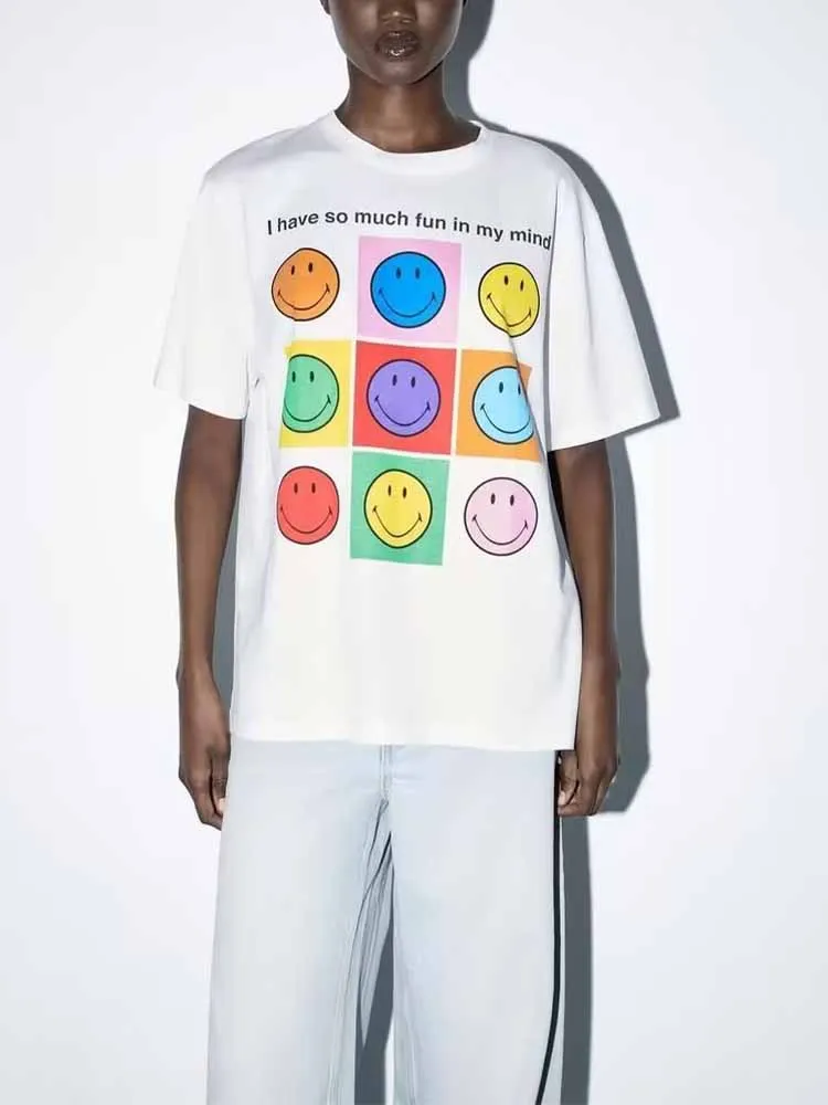 

Summer new women's fashion all-match street personality short-sleeved round neck loose white cotton smile print T-shirt top