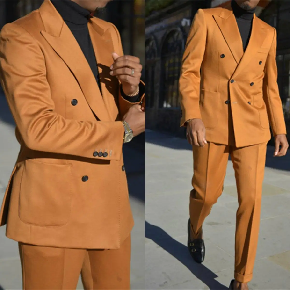 

Orange Double Breasted Mens Suits Evening Party Wear Two Pieces Formal Occasion Peaked Lapel Coat+Pant Jacket Wedding Tuxedos