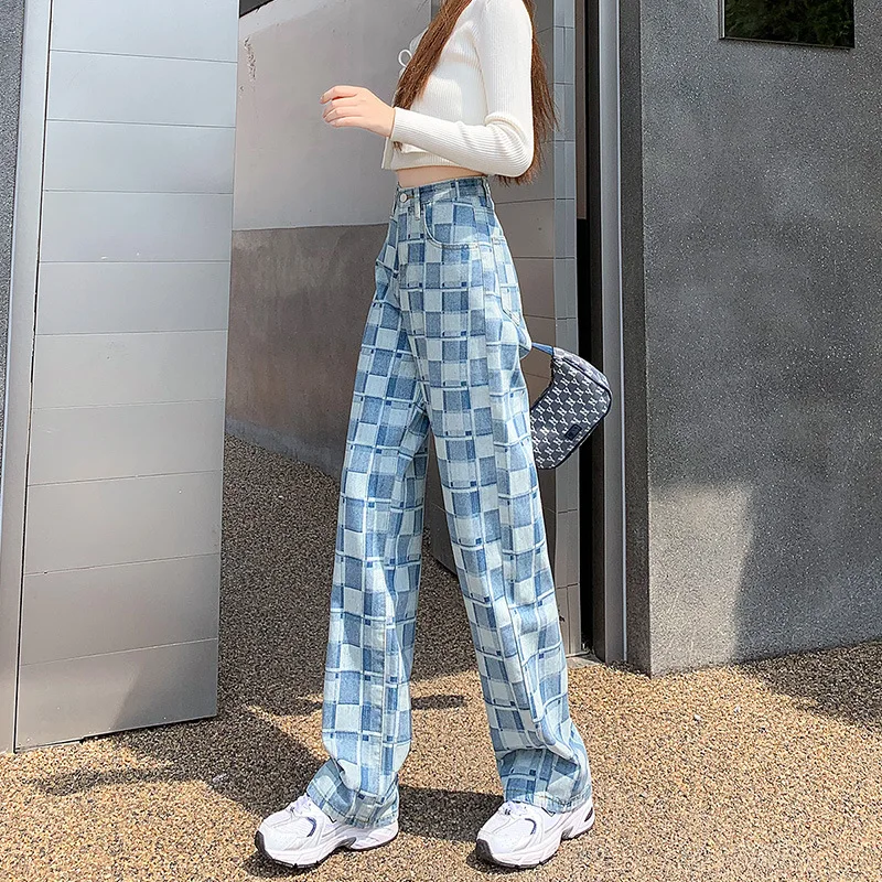 Jogger Plaid Ladies Jeans Summer Harajuku Fashion Plaid Pattern Loose Casual Blue Wide Leg Jeans Men's Overalls Streetwear 2021