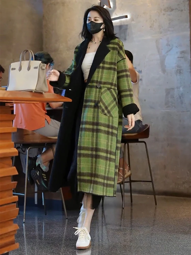 Зеленая шерстяная куртка в клетку High Sense стиле ретро осень 2024 новое женское