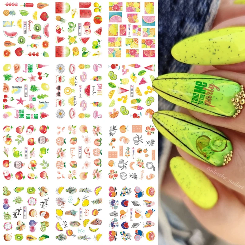 

12 styles Summer Fruits nail water sticker decal nail art Kiwi Apple Strawberry Fruit Series manicure sliders autocollant ongle