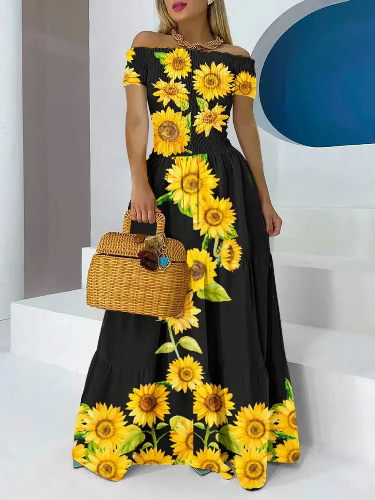 

2022 Summer Casual Maxi Dress Sexy Off Shoulder Sunflower Print Shirred Women Frill Hem Slash Neck Daily Dress