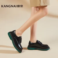 kangnai leather shoes women lace up oxfords round toe flat platform female chunky heels loafers derby shoes