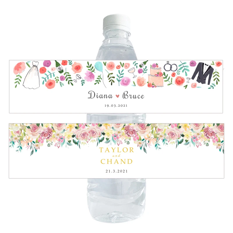 

Custom Floral Wedding Water Bottle Stickers Labels Personalized Customized Name Text Bridal Baby Shower Birthday Sticker Decor
