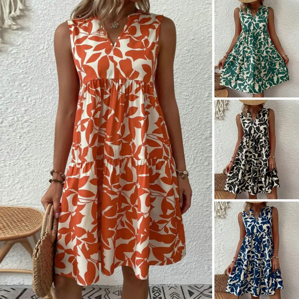 

Summer Boho Chiffon Women Short Dresses Leaves Print V-Neck Sleeveless High-Waist Ruffle Flowy Hem Mini Dress Beach Sundress