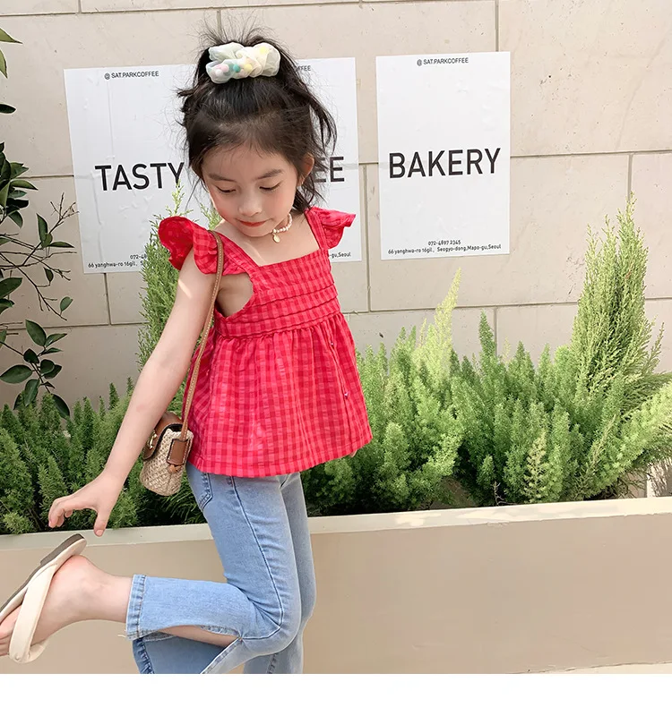 

MILA CHOU 2022 Summer Girls Fashion Red Plaid Camisole+Denim Flared Pants 2Pcs Suit Children Top Jeans Set Outfir Kids Clothes