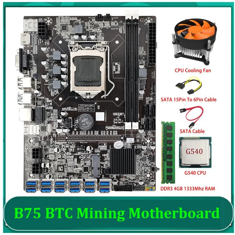 

Материнская плата B75 ETH для майнинга с 12 PCIE на USB LGA1155 G540 ЦП + SATA кабель + DDR3 4 Гб 1333 МГц ОЗУ + вентилятор охлаждения B75 BTC Майнинг