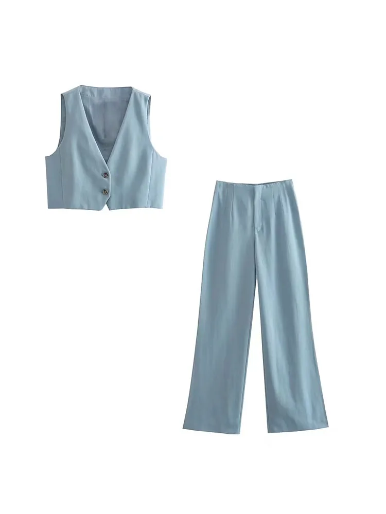 

YLJHQX 2022 Summer Women Sleeveless Single-breasted V Neck Short Vest Coat High Waist Loose Wide Leg Pants Two Piece Sets