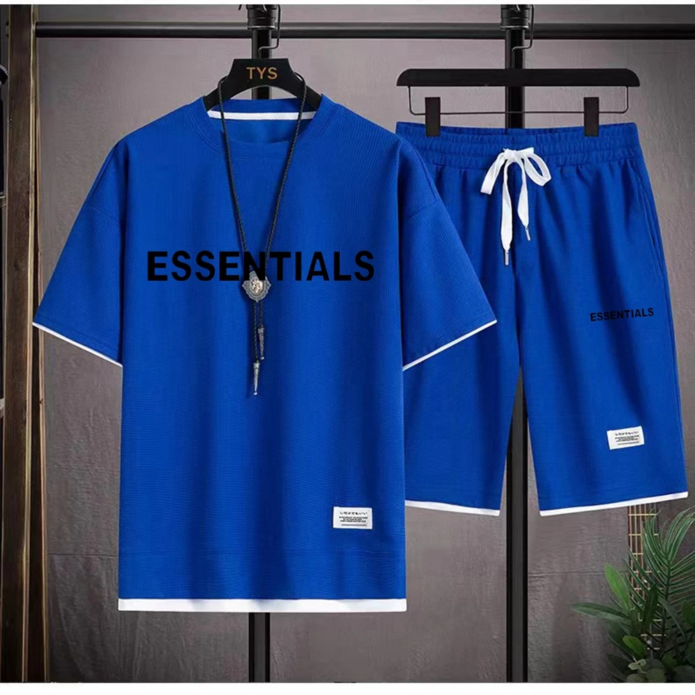 

Summer Men's Set Waffle Sports Shorts Cool and Breathable Round Neck T-shirt Outdoor Jogging Too Strong Home Casual Two Piece Se