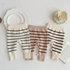 Kids Baby Boy Girl Knitwear Pant INS Spring Autumn Elastic Waist Knitted Striped Trouser Heart Pattern Bottom Outwear Clothes 2