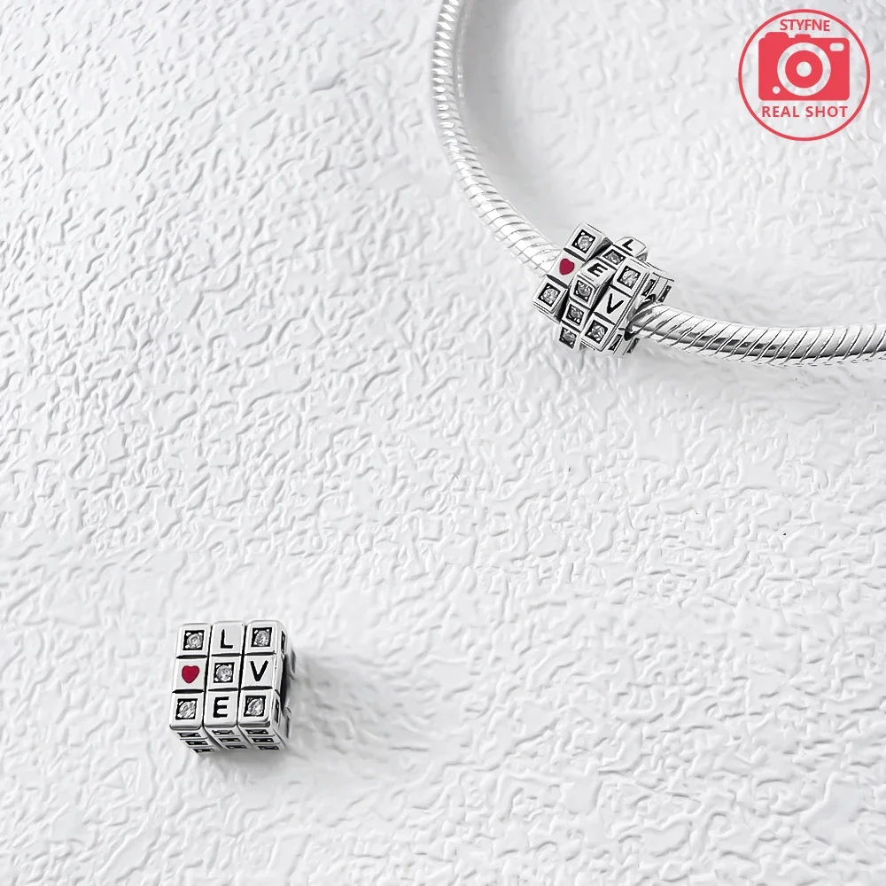 Фото New 925 Silver Sparkling Magic Cube Love Charm Red Heart Beads Fit Pandora DIY for Women Original Bracelet Fine Gift Accessories №3