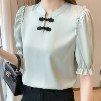 2022 summer new china style button blouse satin shirt feminine tops vintage fashion clothing white light green color solid 2847