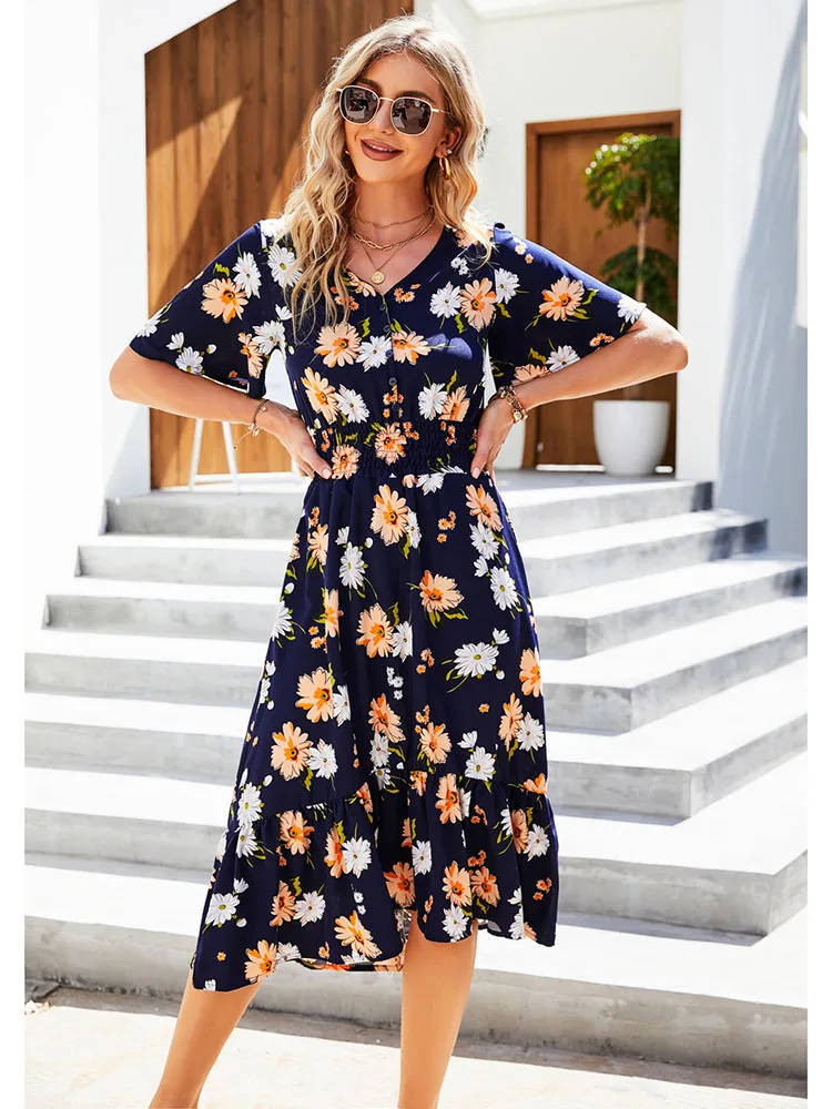 Женское летнее платье с цветочным принтом повседневное богемное пляжное миди