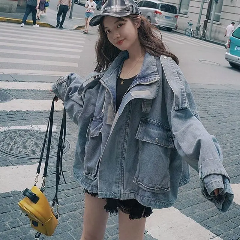 Женская джинсовая куртка в стиле ретро свободная короткая большого размера