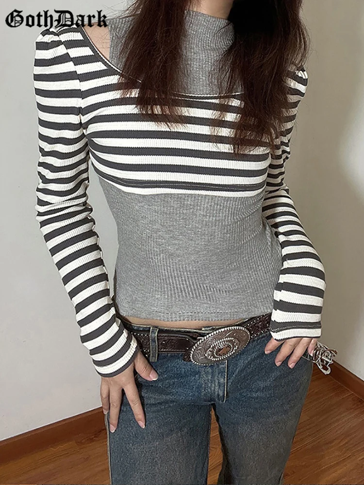 

Goth Dark Ribbed Stripe Grunge Y2k Retro T-shirts 2 Piece Sets Vintage Gothic Mock Neck Tops Women Korean Long Sleeve Streetwear