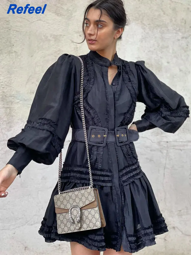 

Summer women mini dress solid A-line buttons long sleeves embroidery with sashes holiday beach short cotton dress 22519