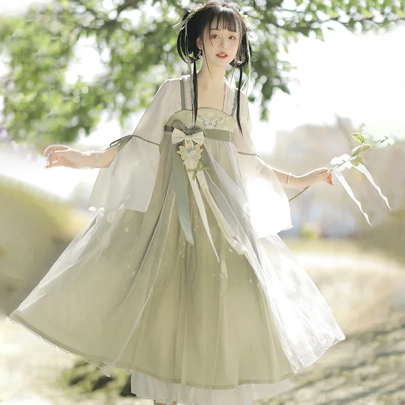 

Gardenia Summer Original Design Women's 2PCS Set Chinese Hanfu Style Grey Green Half Sleeve Ruqun