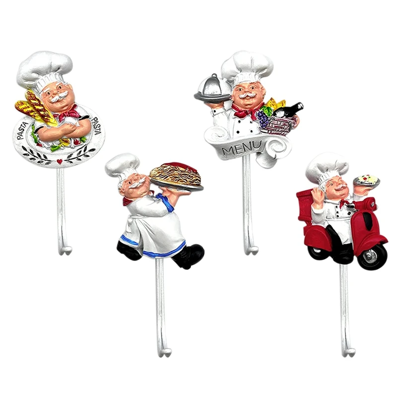 

4 Pcs Cartoon Resin Chef Hook Sticky Kitchen Bathroom Punch-Free Strong Sticky Hook Household Interior Decoration Hook