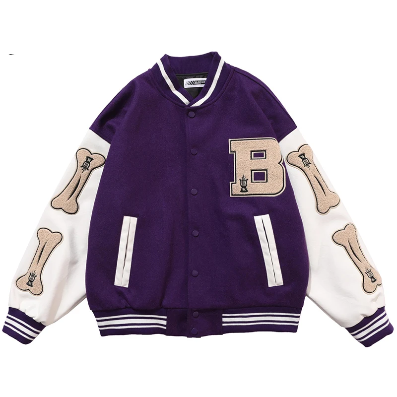 

Hip Hop Furry Bone Patchwork Color Block College Jackets Mens Harajuku Casual Bomber Varsity Jacket Women Baseball Coats Unisex