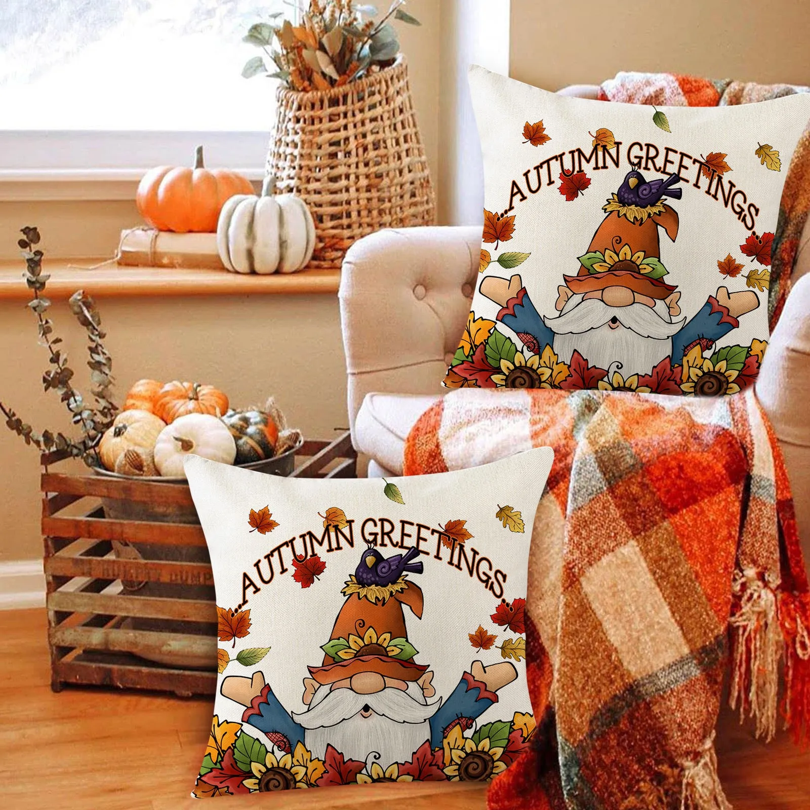 

Thanksgiving Pumpkin Sunflower Pillowcase Sofa Cushion Flax Pillowcase 45x45cm Soft Linen Zippered Pillowcase Standard Size