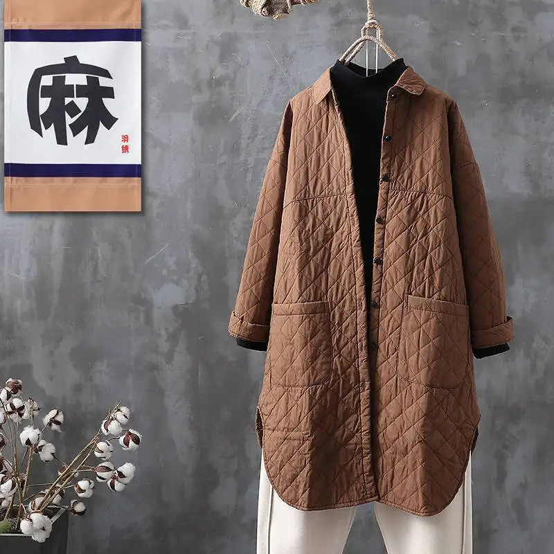 

French Mid Length Quilted Shirt Women Winter New Thickened Velvet Cotton Linen Shirt Women Parkas Deep Pockets Outerwear