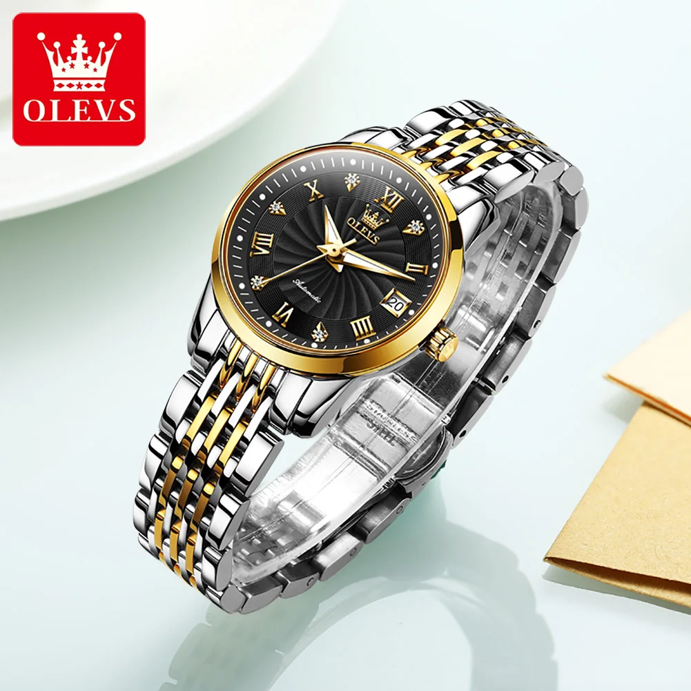 OLEVS Luxury Gold Stainless Steel Automatic Mechaincal Watch for Women Calendar Luminous Waterproof Ladies Mechanic Wristwatches enlarge
