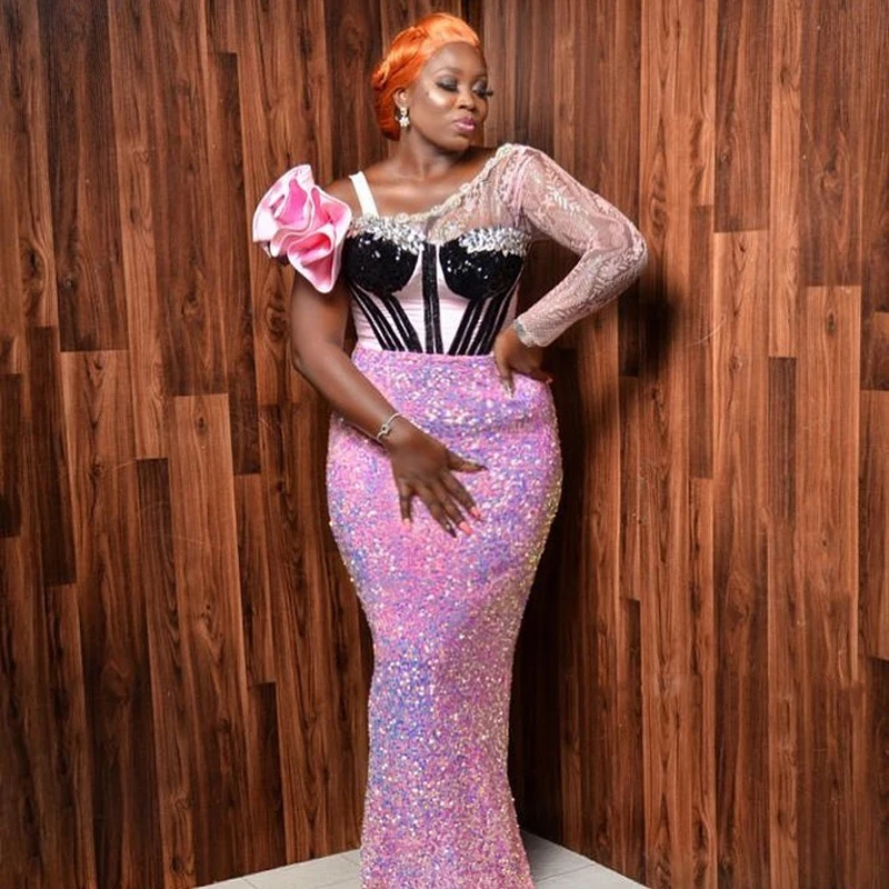 

Aso Ebi Plus Size Evening Dresses Sparkly Sequined Beads One Shoulder Long Sleeves Prom Dress Back Split Mermaid Party Vestidos