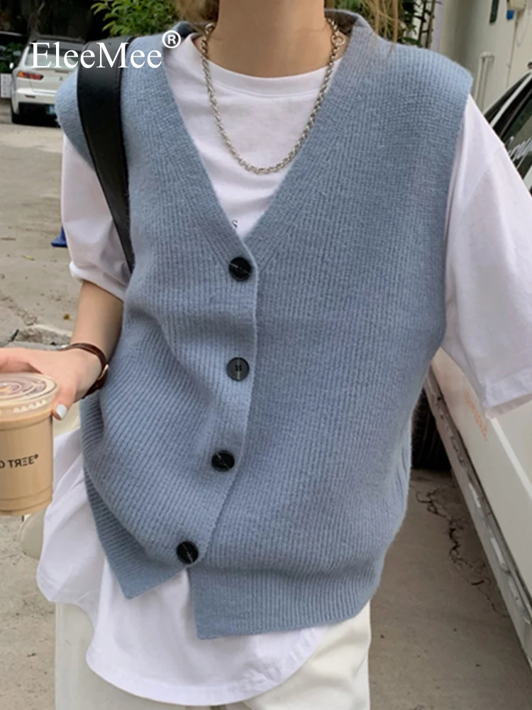 

EleeMee Knitted Sweater Sleeveless Women Vest Solid Color Vintage Women Cardigan Casual Daily Fashion Women Tops Free Size