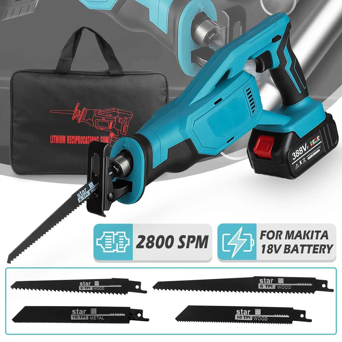 

18V Electric Cordless Reciprocating Saw with 1/2 Li-ion Battery 4pc Blades Kit Saber Saw Metal Wood Cutting Tool for Makita 18V