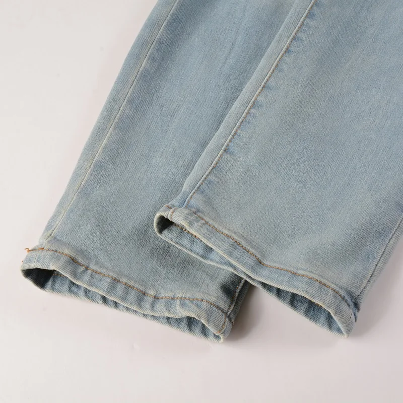 New Steetwear Style Tie Dye Bandana Ribs Patchwork Skinny Stretch Holes Slim Fit Light Blue High Street Distressed Ripped Jeans