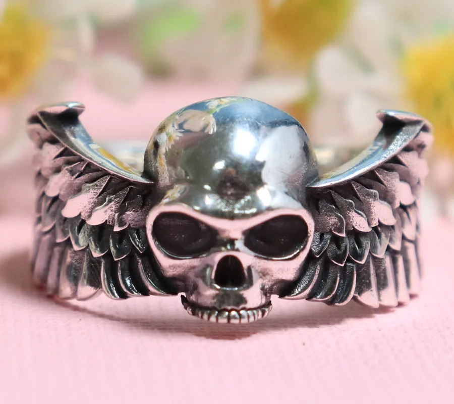 

9g Demon Angel Wing Skull Mens Women Gold Ring 925 Solid Sterling Silver Rings