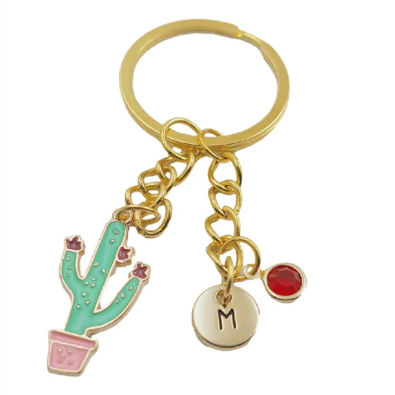 

Cactus Initial Letter Birthstone Keychains Keyring Fashion Jewelry Women Gifts Accessories Pendants