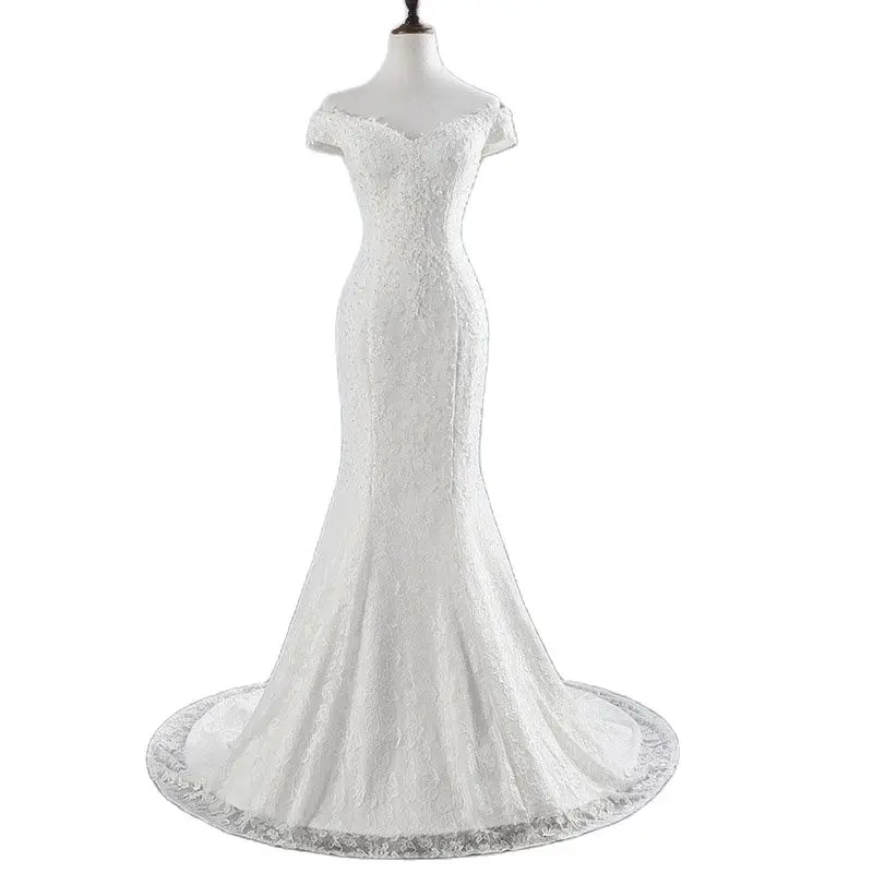 

Женское атласное платье с юбкой годе, кружевное свадебное платье с вырезом лодочкой, открытыми плечами и бисером, свадебное платье до пола со шлейфом и шнуровкой сзади